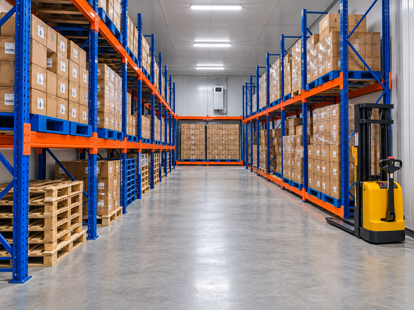 Savin Hawler warehouse aisle with blue and orange storage racks